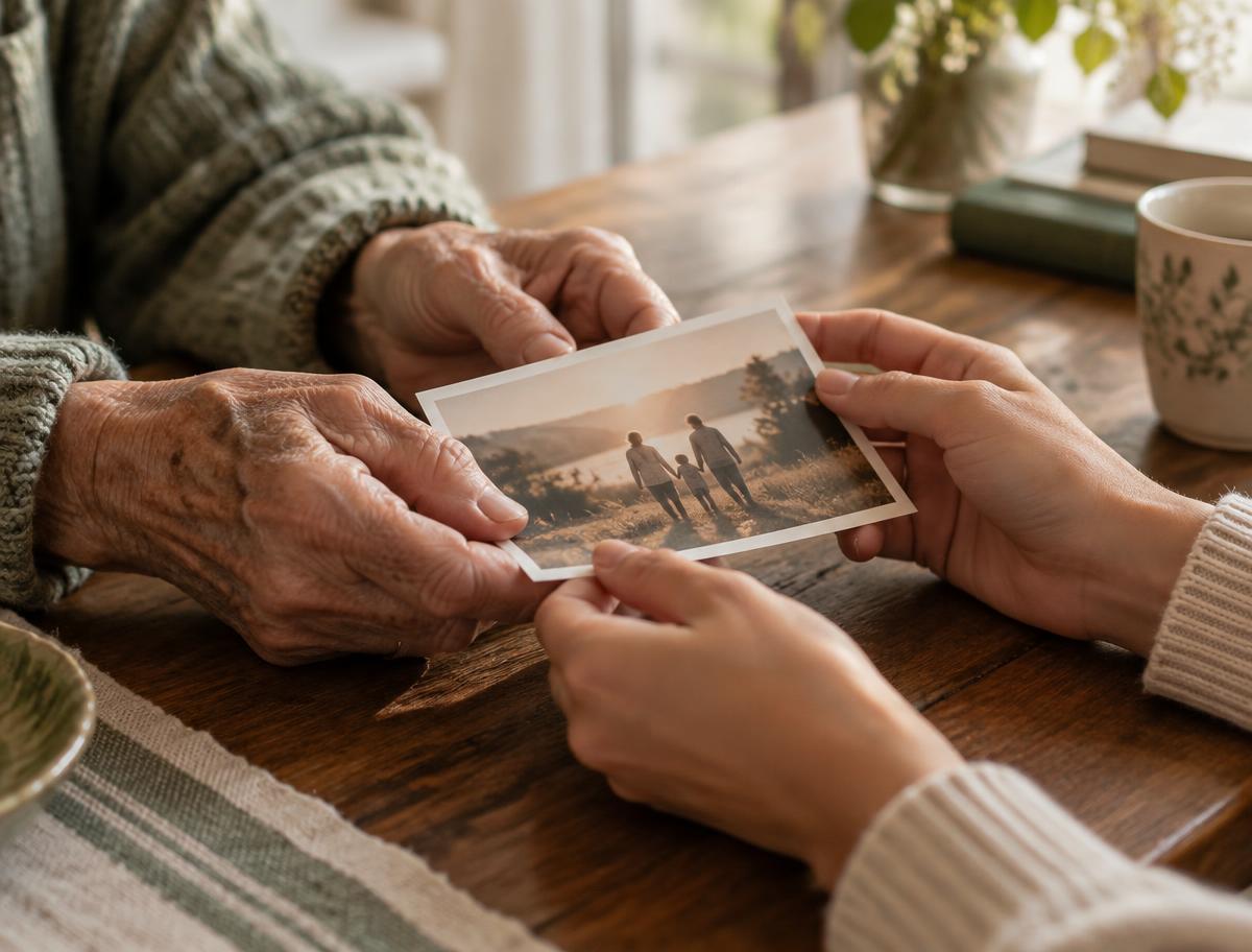 Two people sitting together, hands resting close in a quiet moment